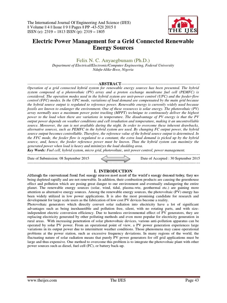 Electric Power Management For A Grid Connected Renewable Energy Sources