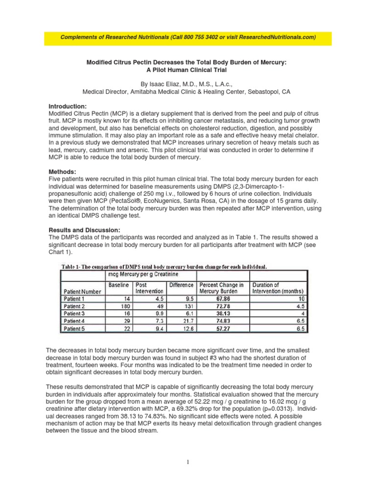 Modified Citrus Pectin Decreases Body Burden HG PDF PDF Clinical Trial Mercury (Element)