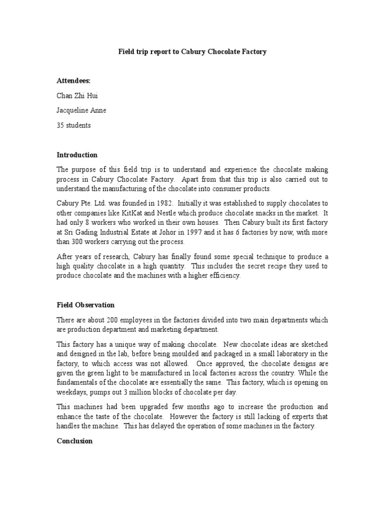 Field Trip Report To Cabury Chocolate Factory Pdf