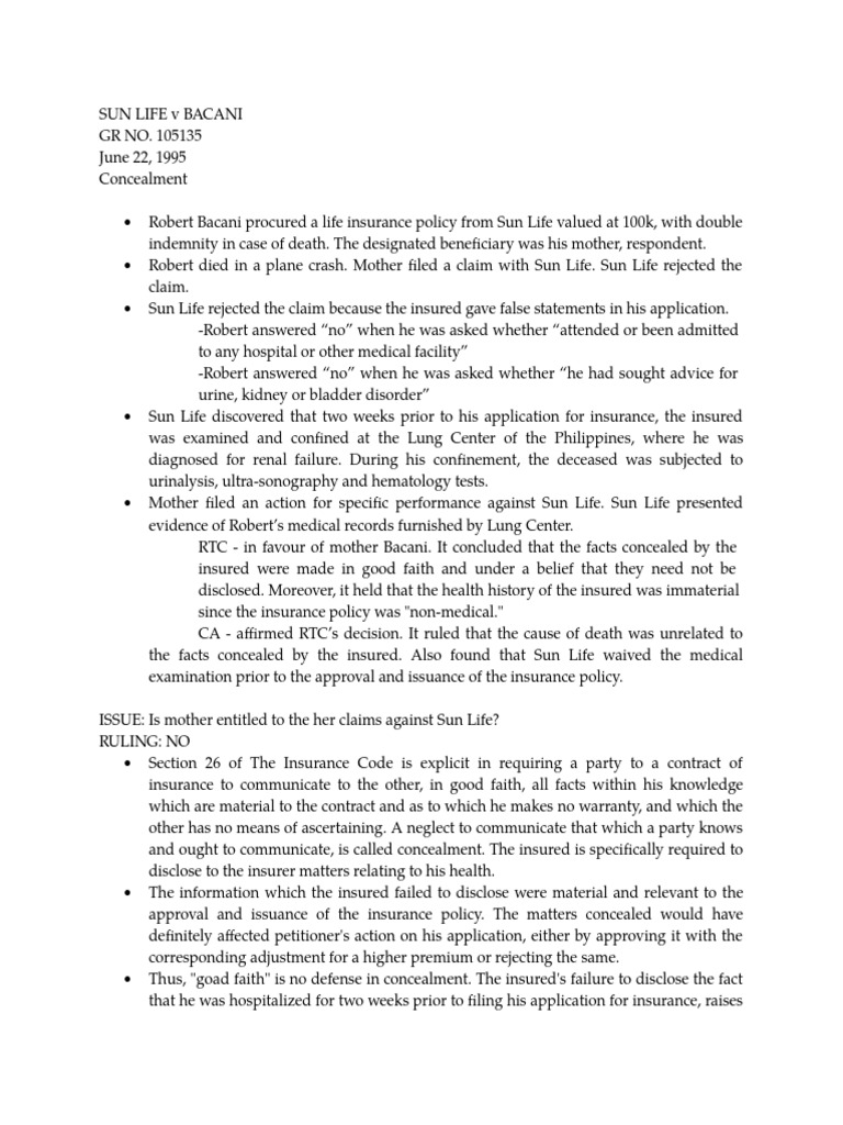 Sun Life's Rejection of Insurance Claim Due to Insured's Concealment of