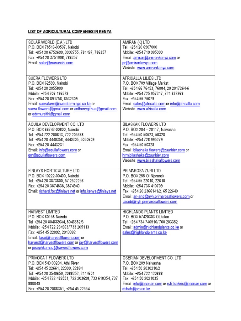List of Agricultural Companies in Kenya PDF Nairobi Kenya