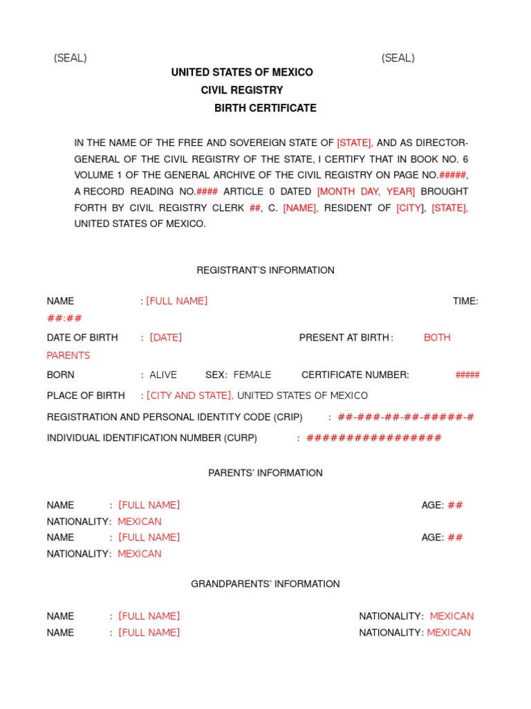 Mexican NL Birth Certificate Translation  PDF  Birth Certificate Pertaining To Mexican Marriage Certificate Translation Template