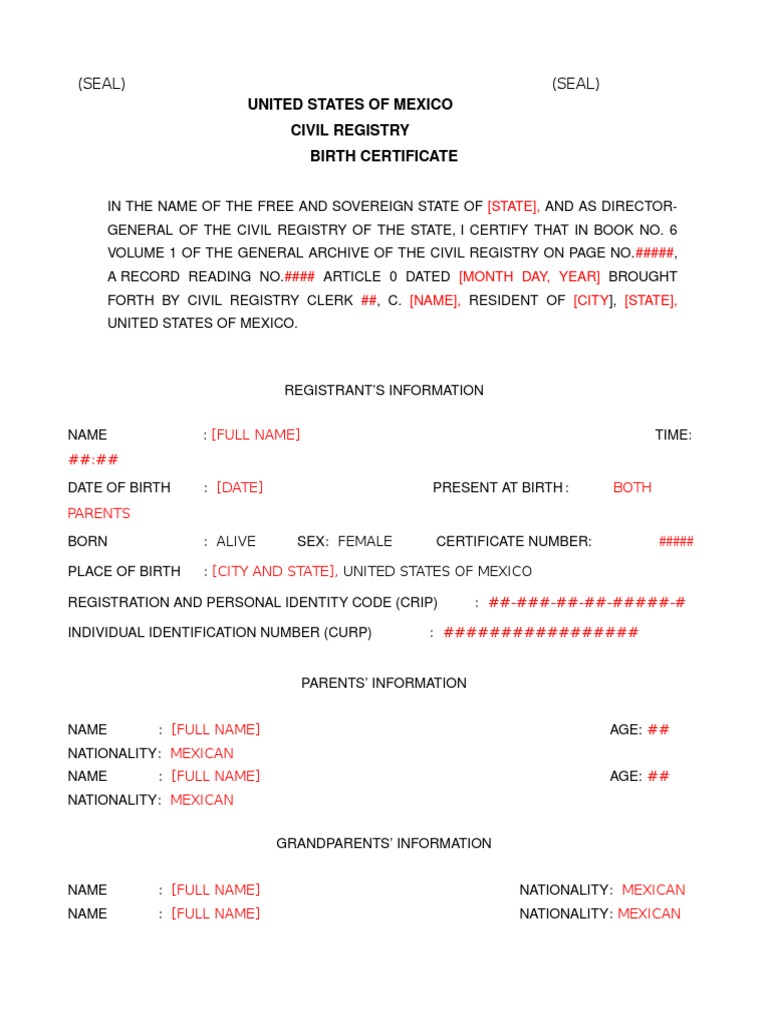Mexican NL Birth Certificate Translation  PDF  Birth Certificate Intended For Birth Certificate Translation Template English To Spanish