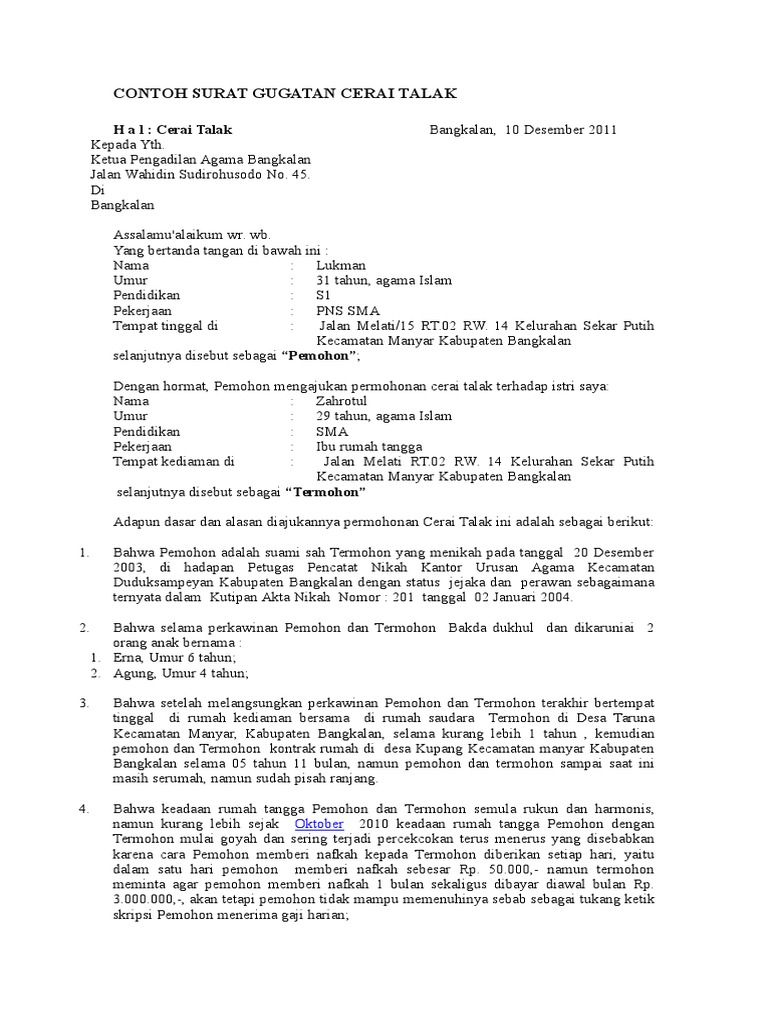 Contoh Surat Gugatan Cerai Istri Kepada Suami Pdf