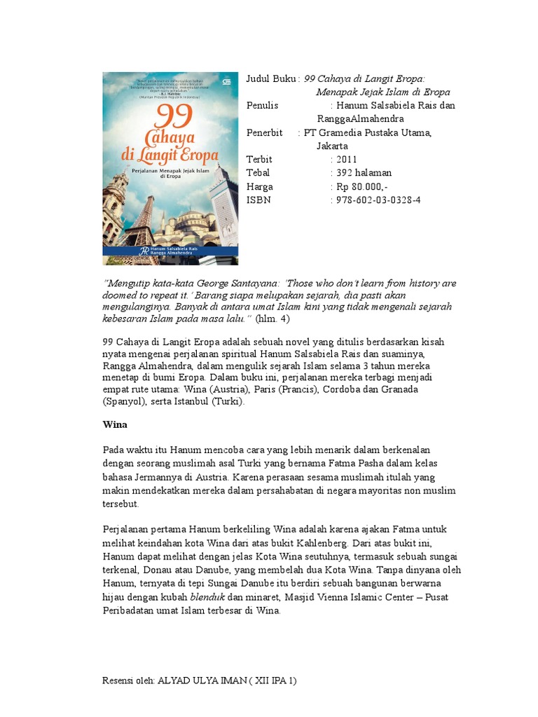 Resensi Novel 99 Cahaya Di Langit Eropa