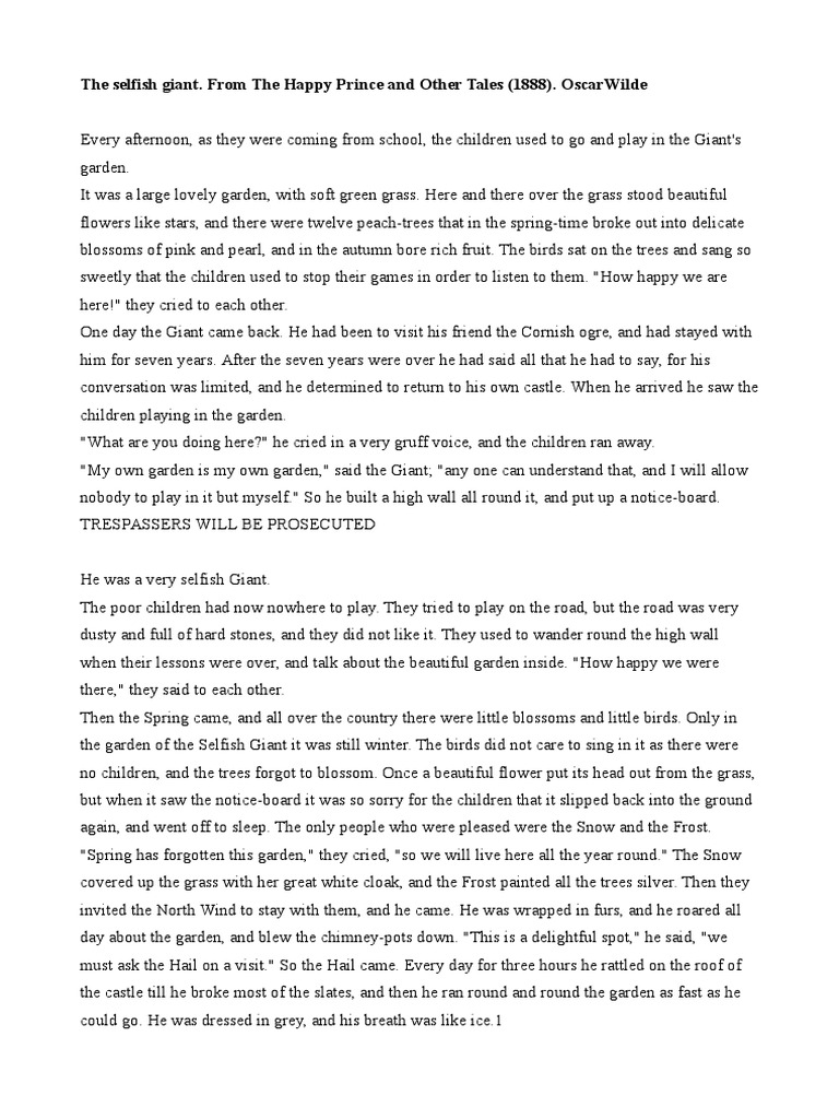 The Selfish Giant, WILDE | PDF | The Happy Prince And Other Tales | Leisure