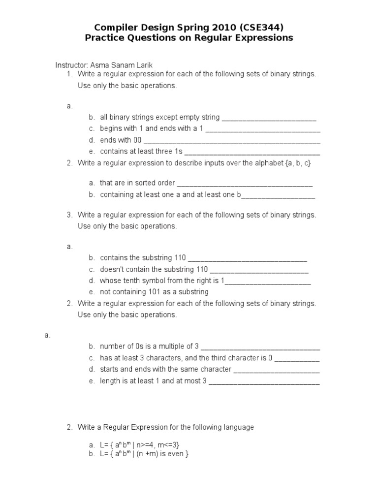 Regular Expression Practice Questions | PDF | Teaching Methods & Materials