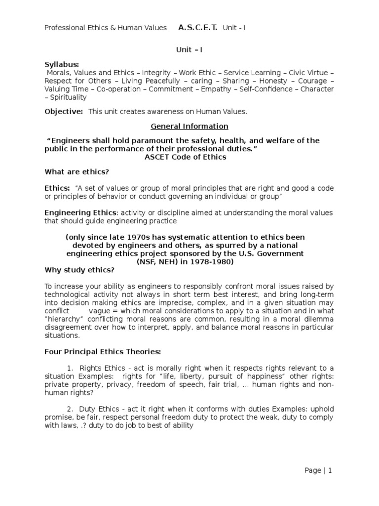Professional Ethics and Human Values Overview | PDF | Value (Ethics ...