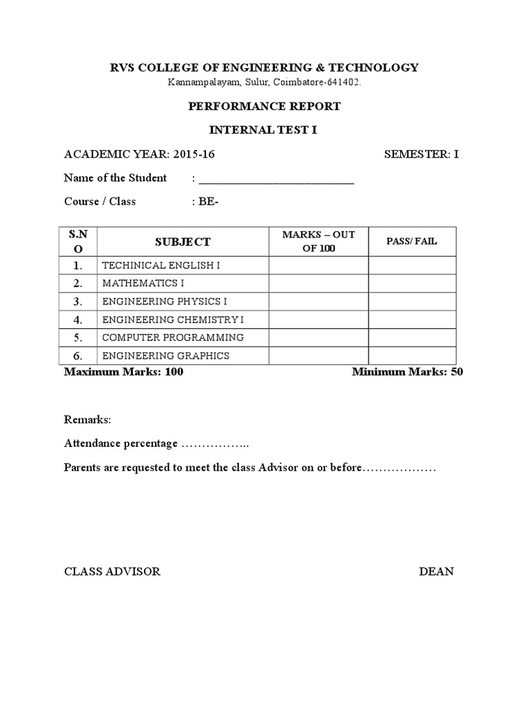 RVS College Internal Test I Report 2015-16 | PDF