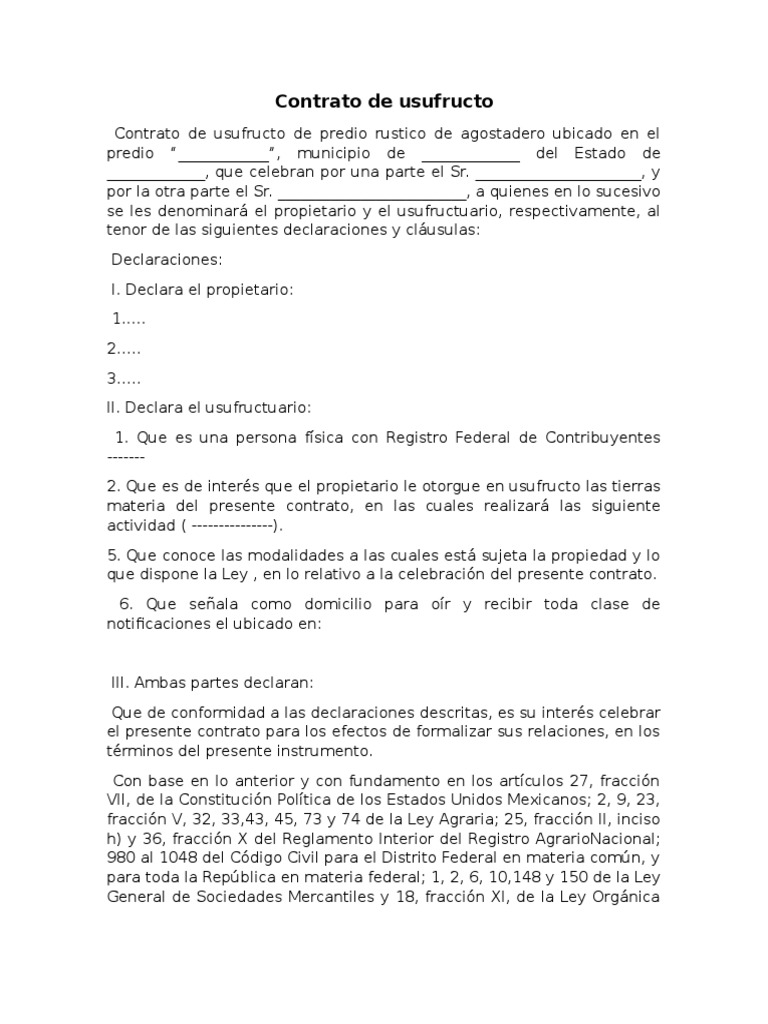 Contrato de Usufructo Propiedad Pagos