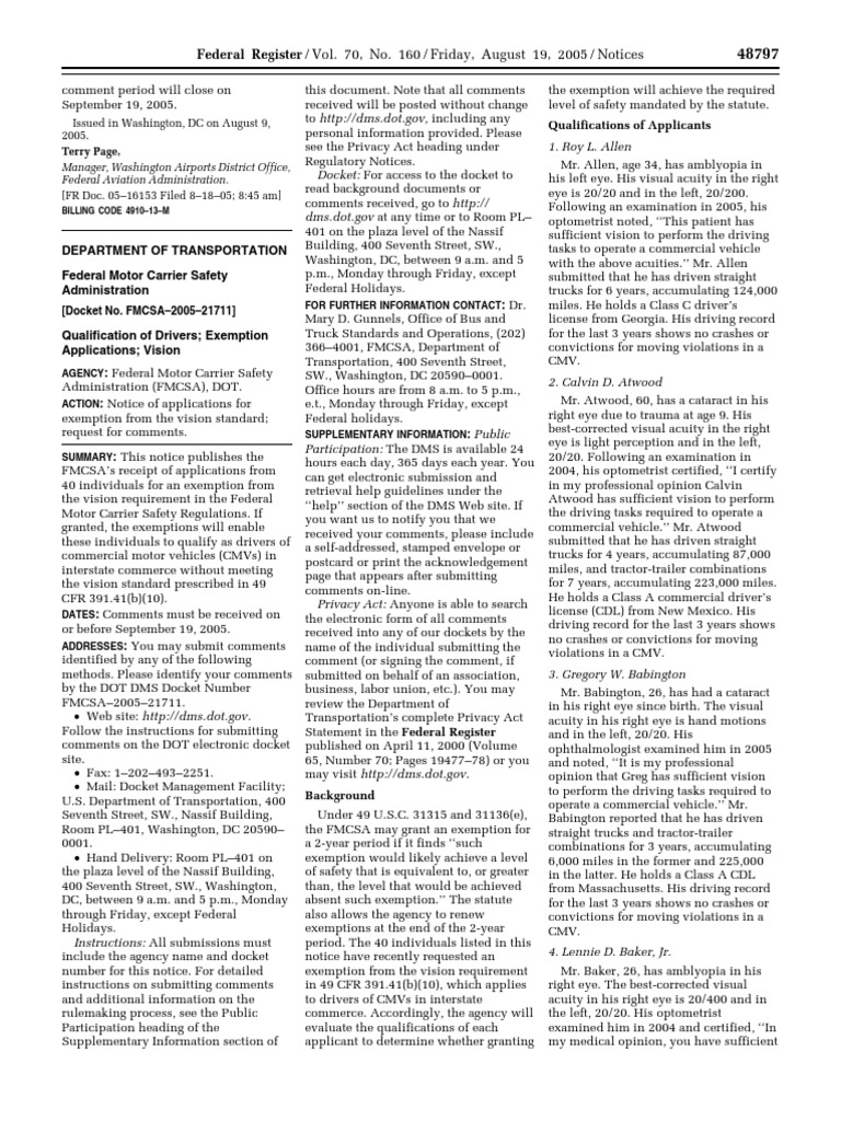 Notice Motor Carrier Safety Standards Driver Qualifications— Allen