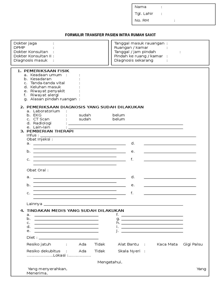 Formulir Transfer Pasien Intra Rumah Sakit