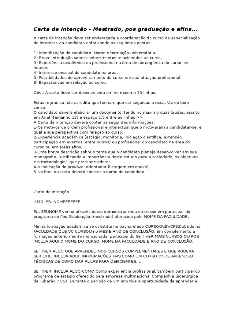 Carta de Intenção  Pós-Graduação  Mestrado