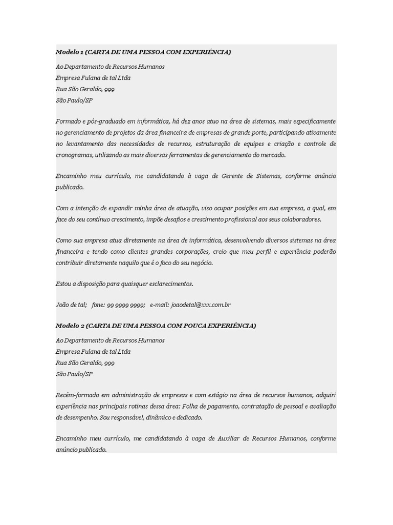 Modelos de Carta de Intenção Emprego  Gestão de Recursos Humanos