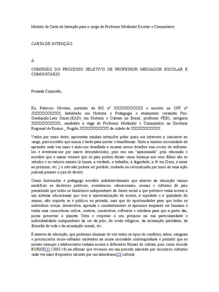Modelo de Carta de Intenção  Pedagogia  Escolas