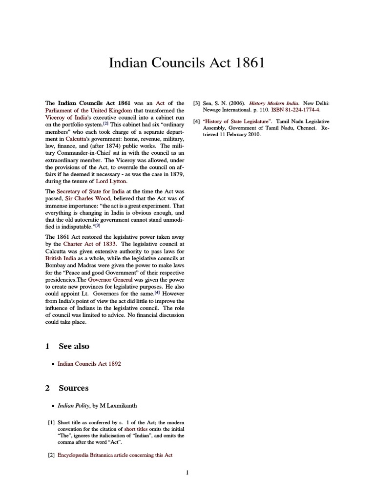 The Indian Councils Act of 1861 Establishing a System of