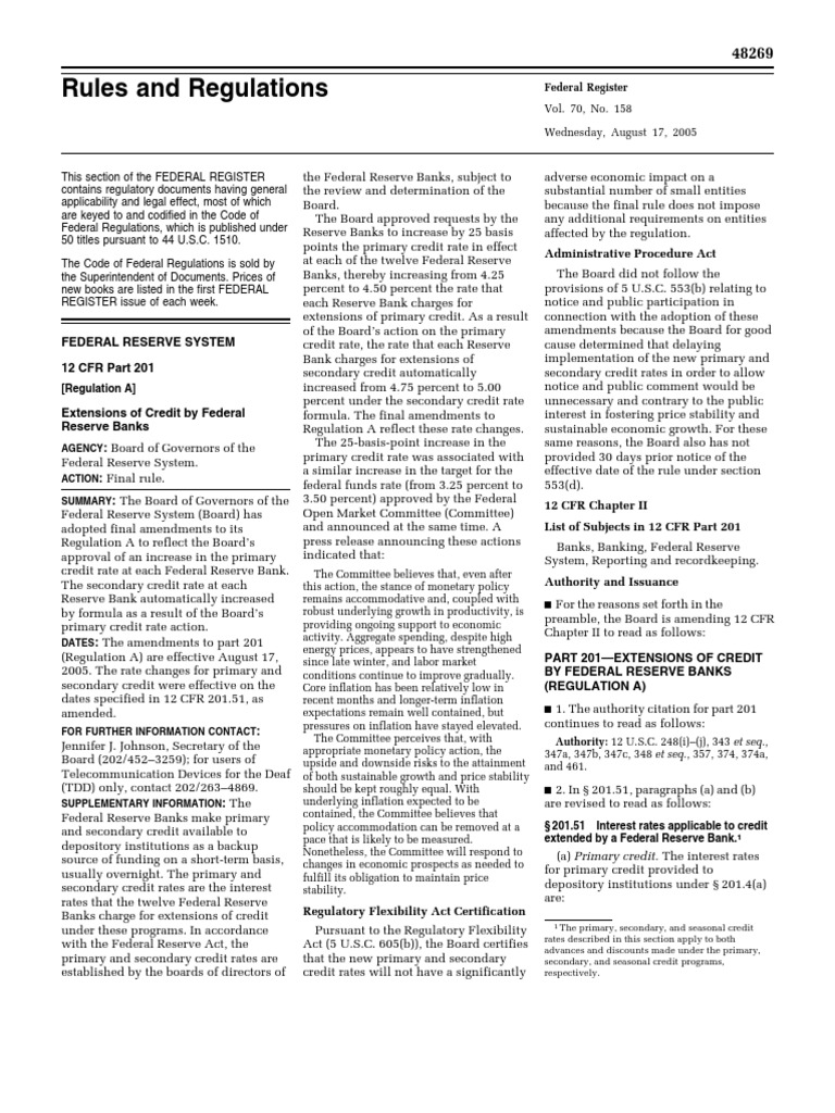 Rule Extensions of Credit by Federal Reserve Banks (Regulation A