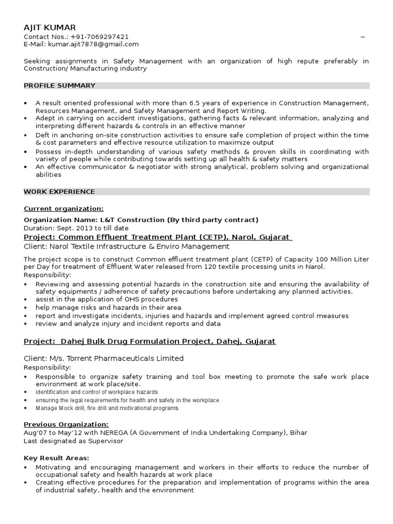 CV Safety Officer Occupational Safety And Health Safety