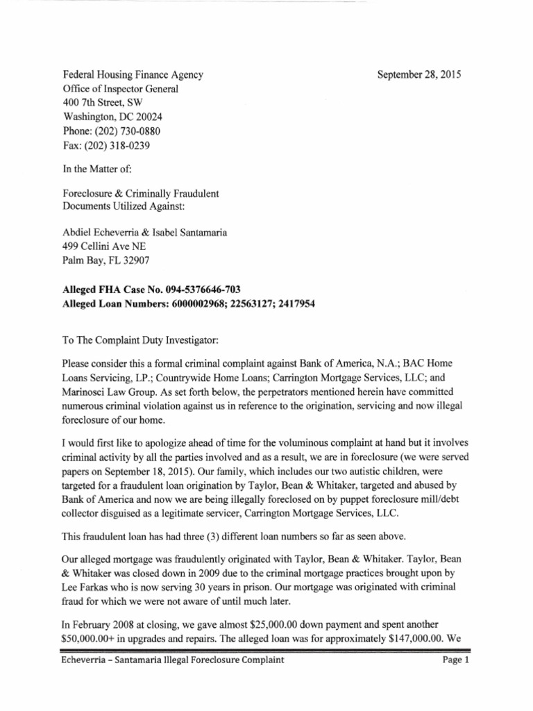 FHFA Inspector General Complaint 9.28.15 | PDF | Bank Of America