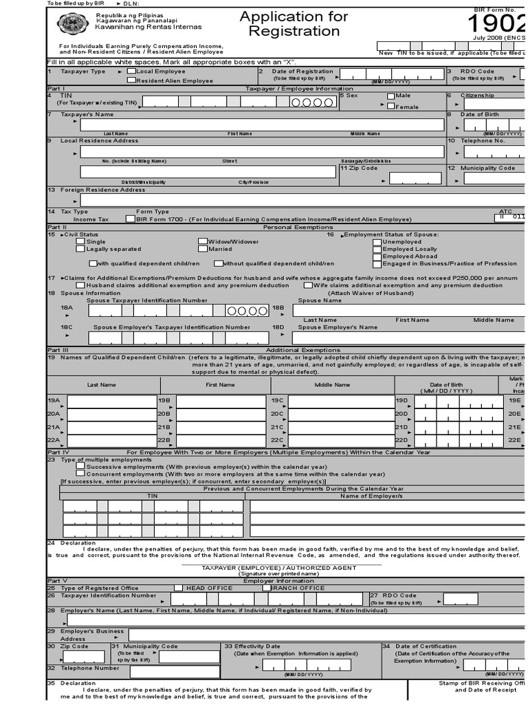 Bir form 1902 identity document government