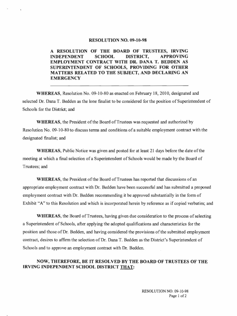 Irving ISD Superintendent Contract PDF Insurance Salary