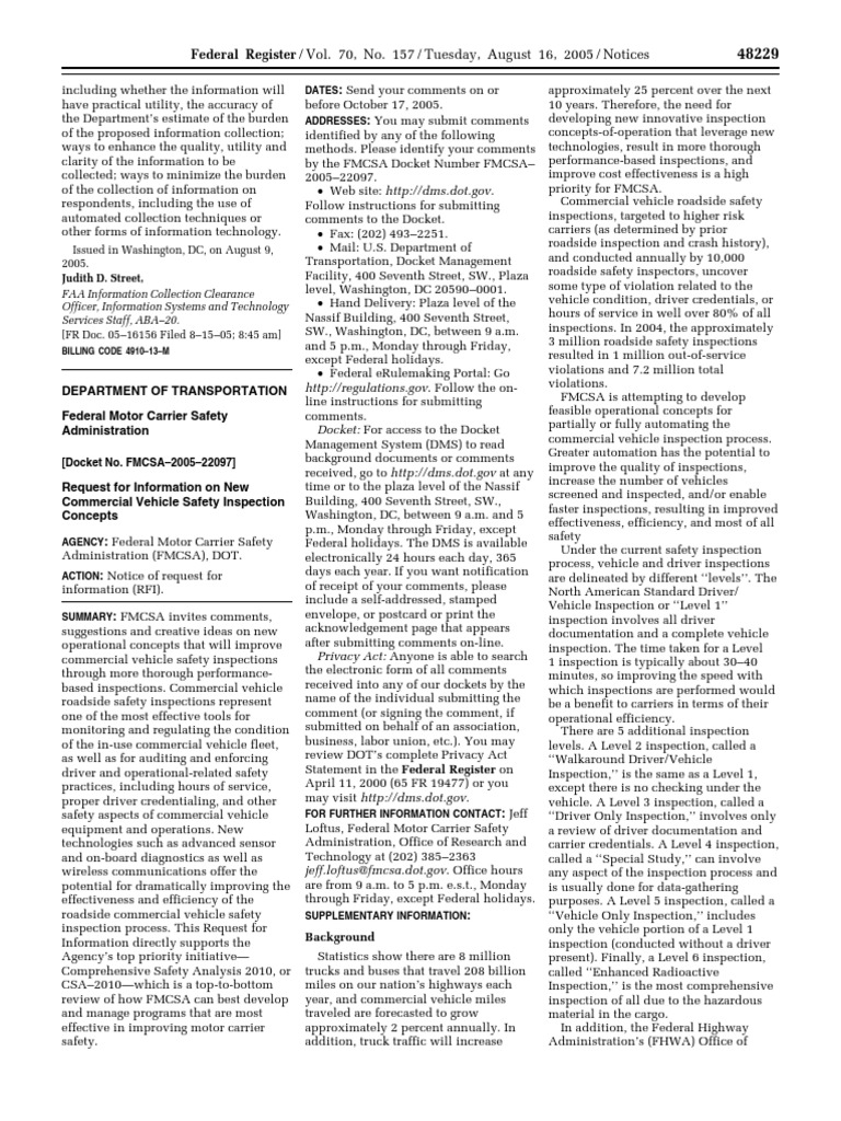 Notice Motor Carrier Safety Standards New Commercial Vehicle Safety