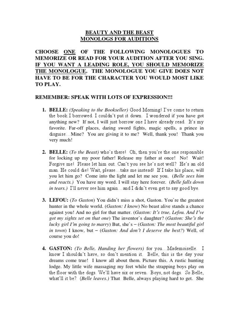 Beauty and the Beast Audition Monologues | PDF
