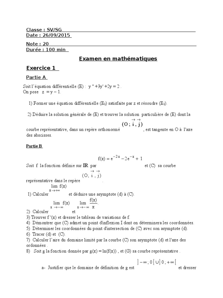 Examen de mathématiques : équations et courbes | PDF