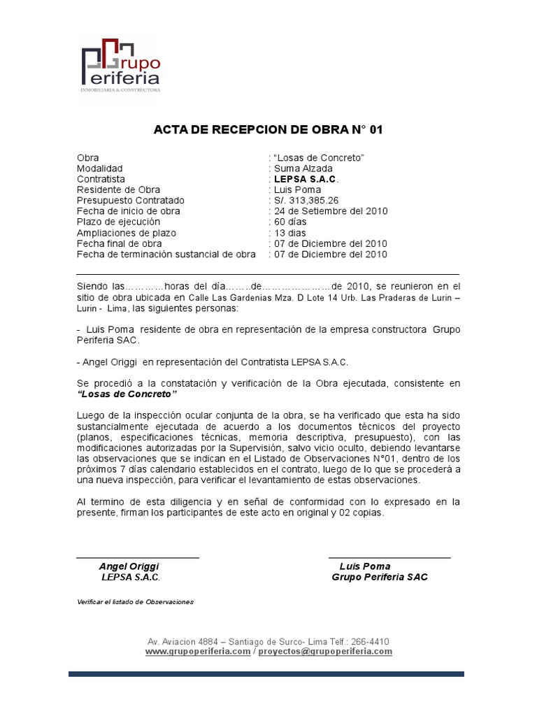 Acta de Entrega de Obra LEPSA S.A.C. | PDF | Gobierno
