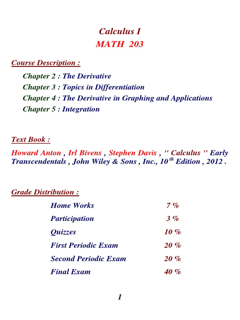 Calculus I Syllabus Overview | PDF | Derivative | Sine