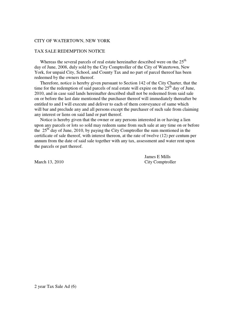 City of Watertown (NY) Tax Sale As of March 15, 2010 PDF Land Law