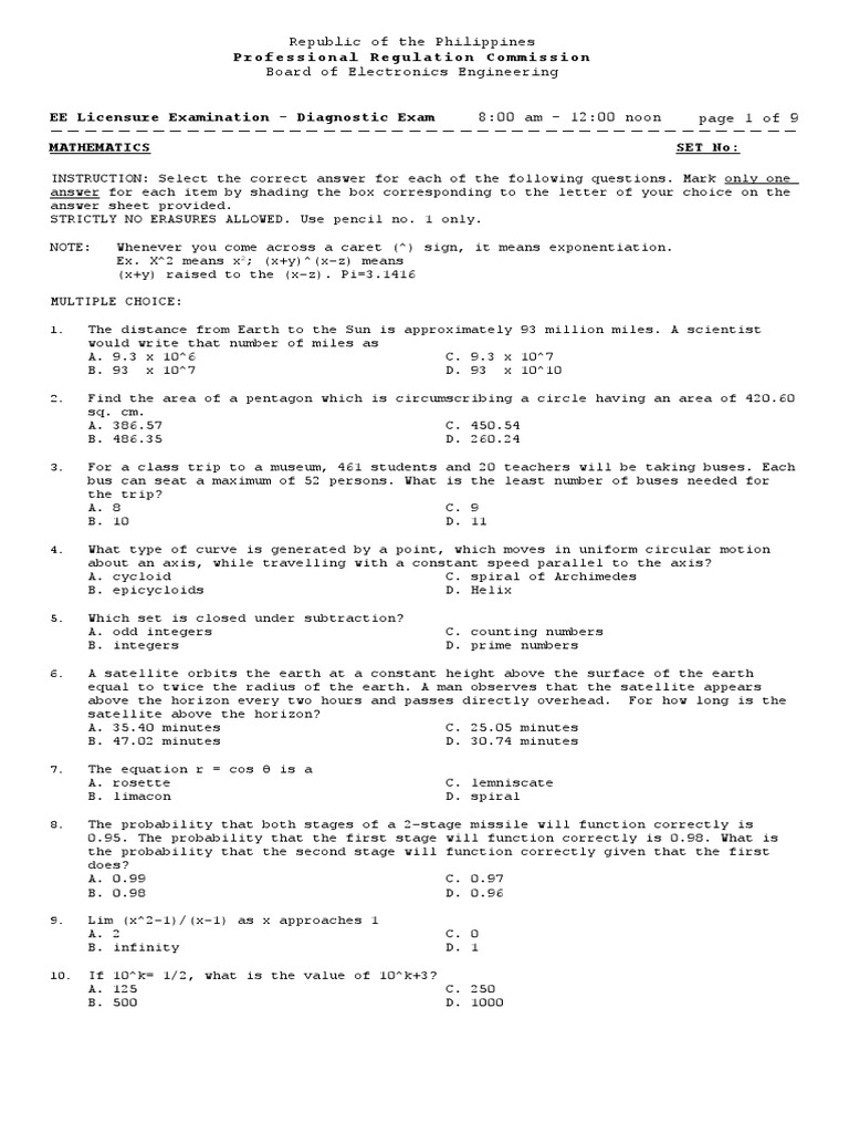 EE Licensure Exam Diagnostic Math Test | PDF | Circle | Geometry