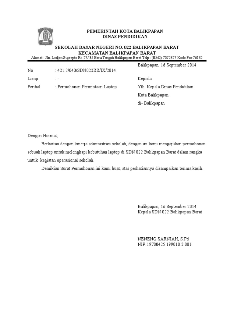 surat permohonan laptop