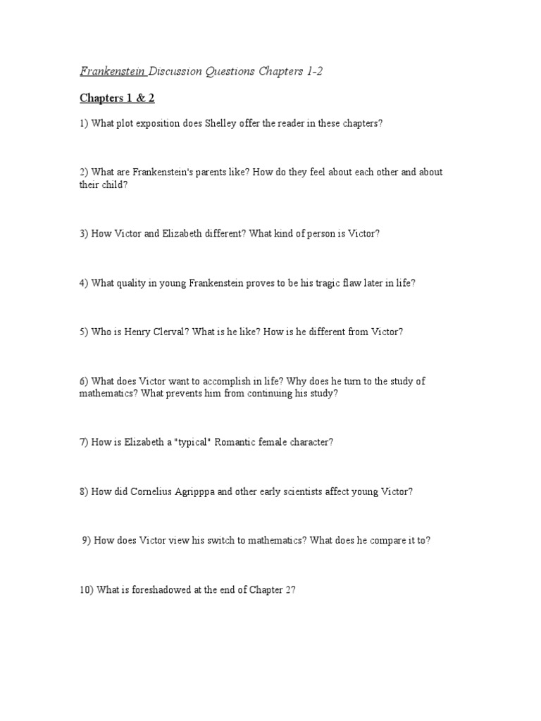Frankenstein Discussion Questions Chapters 12 Frankenstein Books