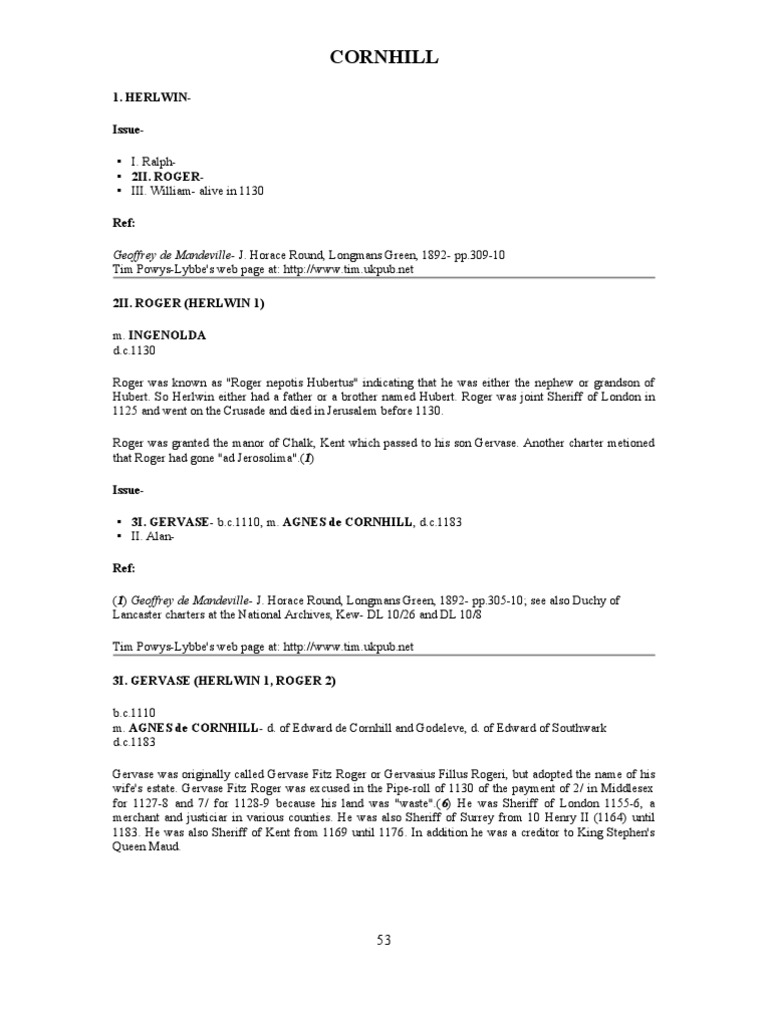 Cornhill Family History and Lineage | PDF