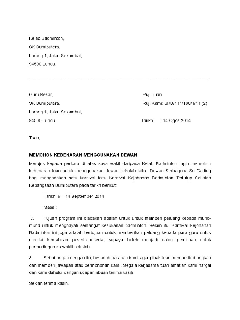 Contoh Surat Mohon Sewa Dewan Badminton