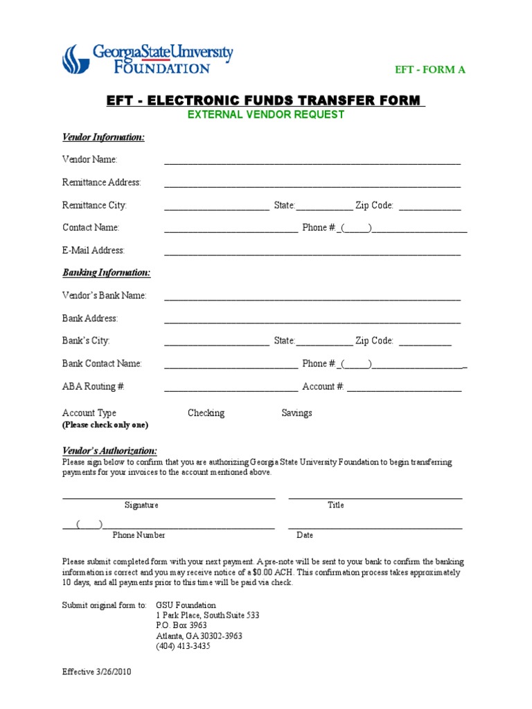 EFT Authorization Form for Vendors | PDF | Business | Law