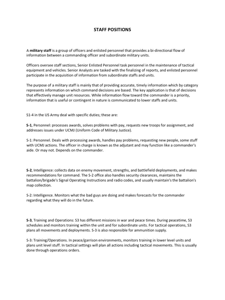 Staff Positions Military Rank Military Organization