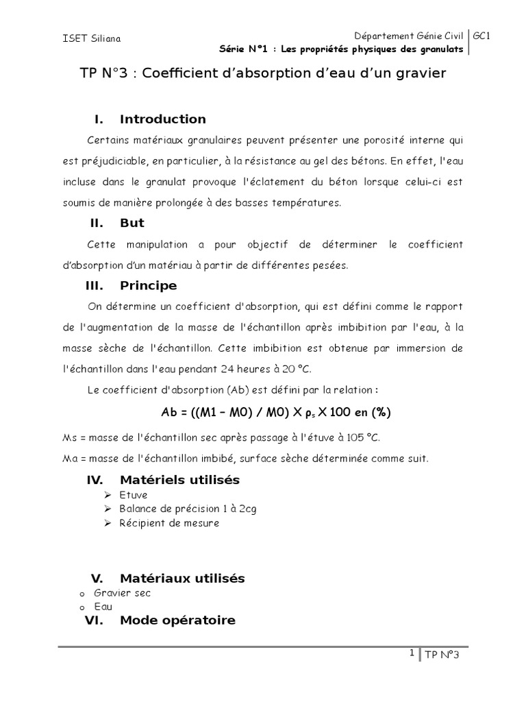 Tp N3 Coefficient D Absorption D Eau D Un Gravier