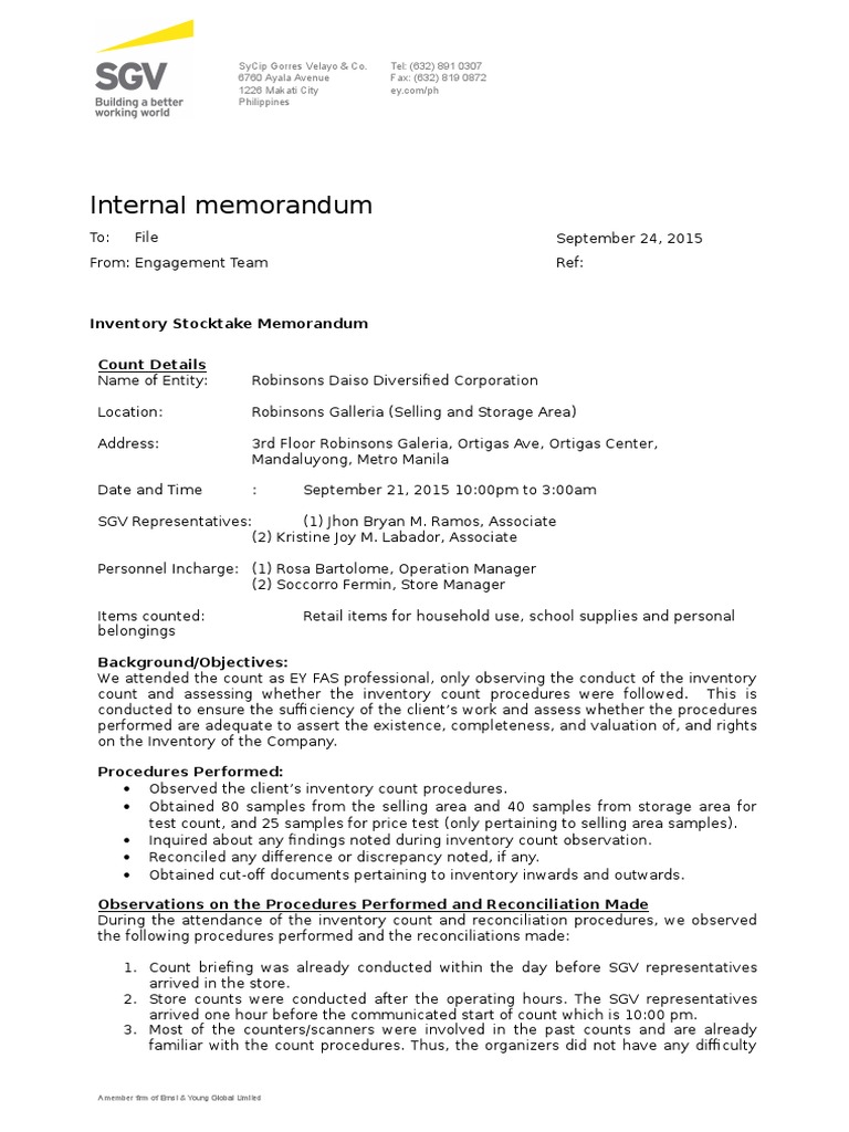 Inventory Memo Inventory Business