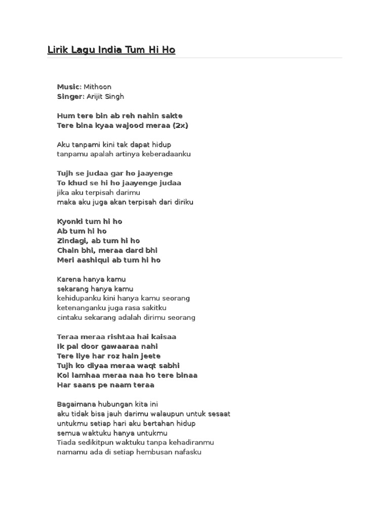 Lirik Lagu India Tum Hi Ho