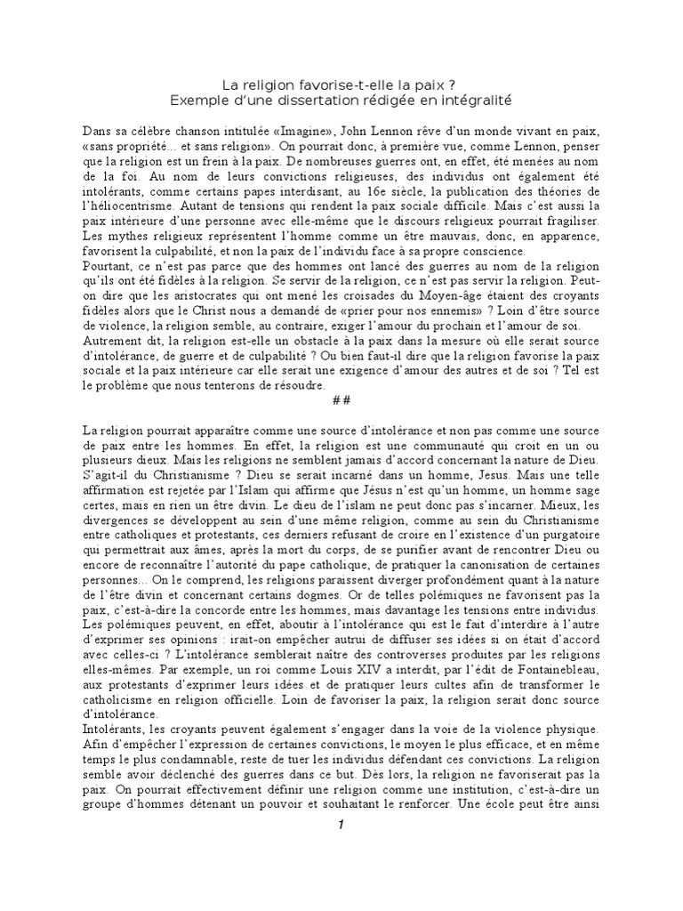 Exemple Dissertation Philo  Tolérance  Dieu