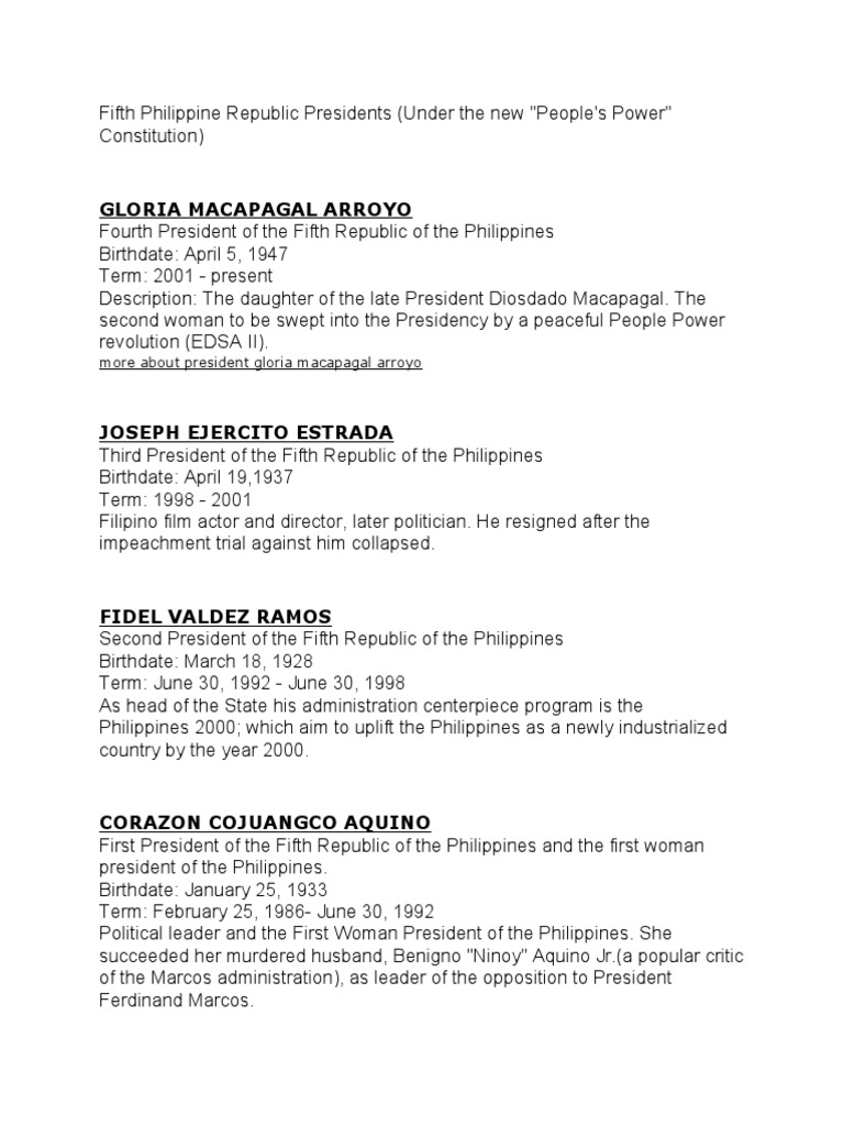 Fifth Philippine Republic | PDF | President Of The Philippines | World ...