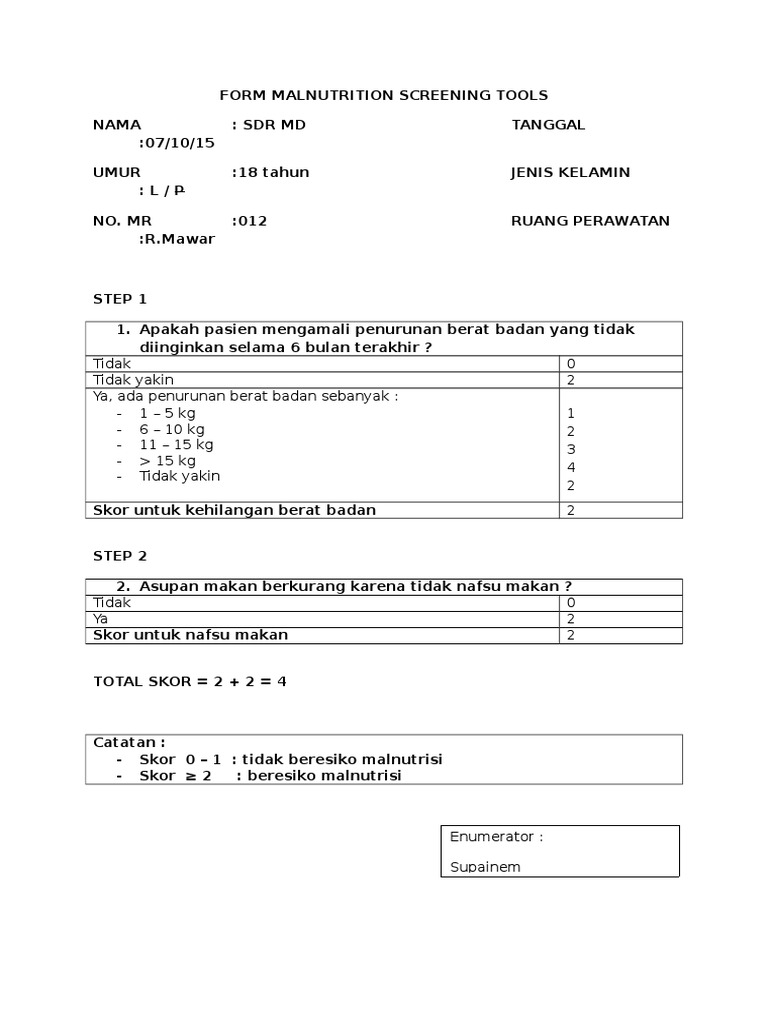 Form Malnutrition Screening Tools | PDF
