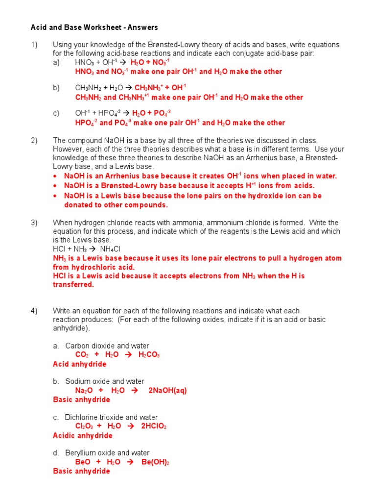 Acid And Base Worksheet 1 07 08 Ans Key Acid Chemical Elements