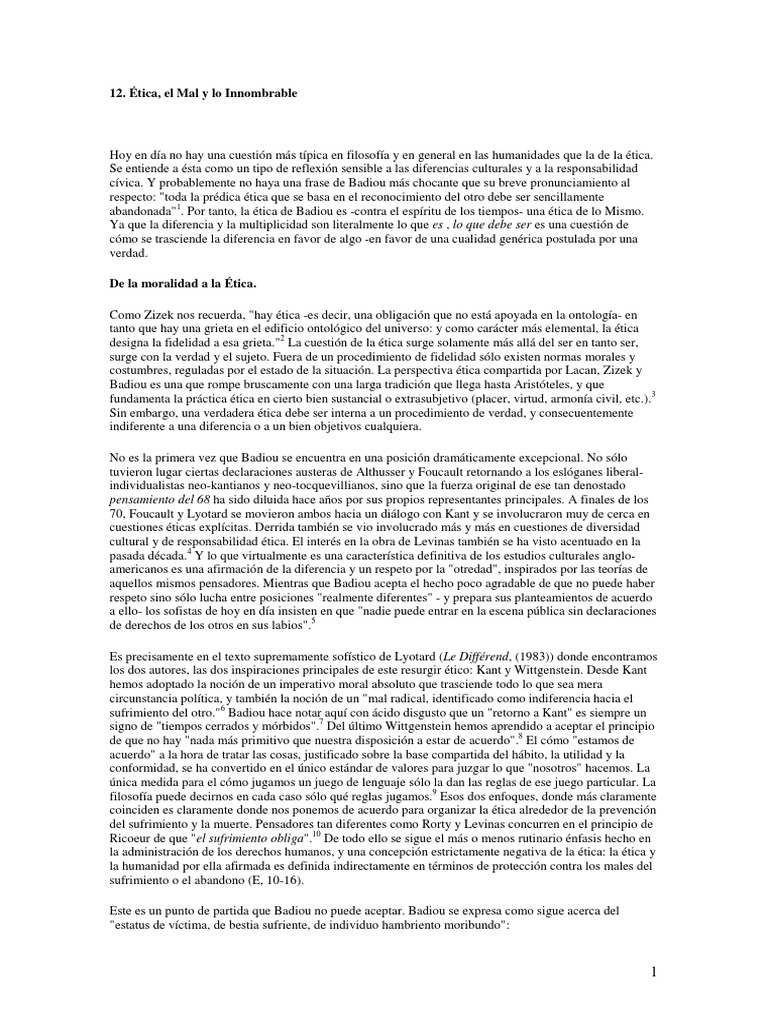 La Etica Del Mal y Lo Innombrable Badiou Zizek Lyotard | PDF | Verdad ...