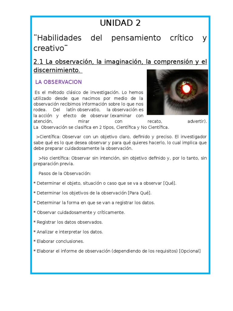 Habilidades Del Pensamiento Critico y Creativo | PDF | Observación ...