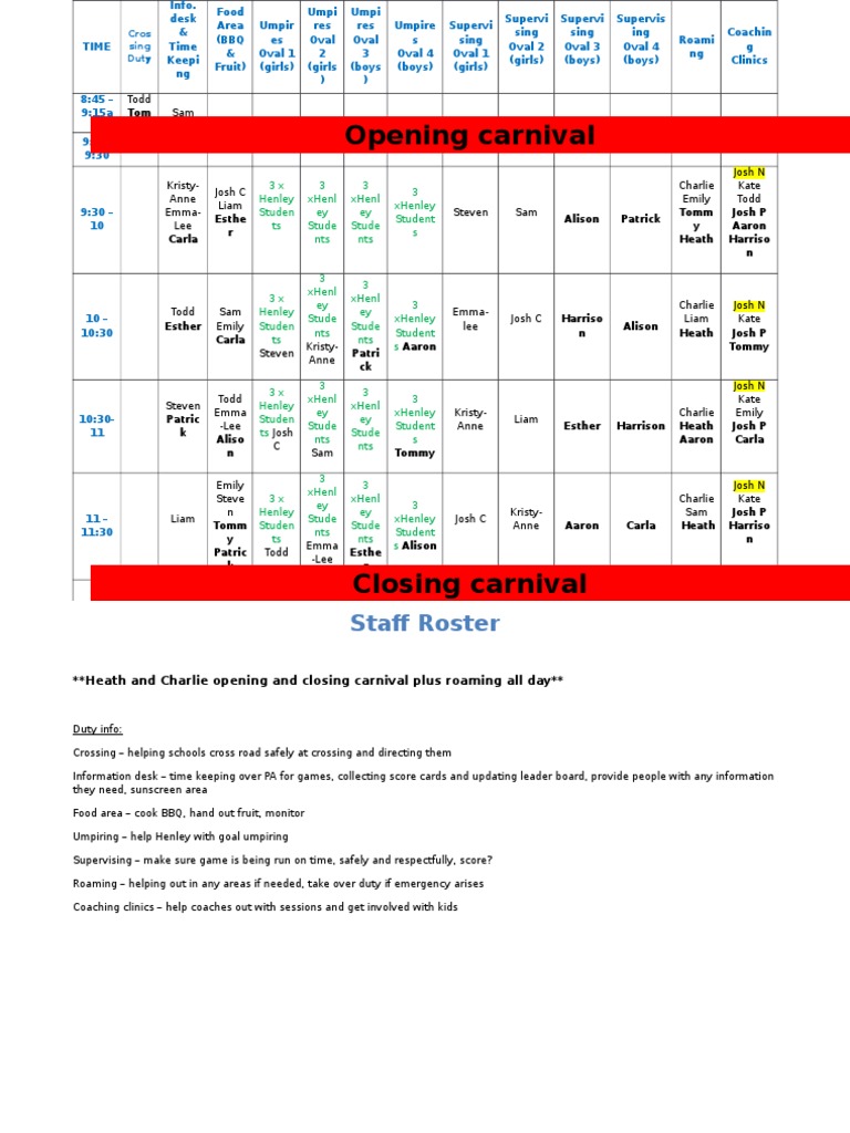 Staff Roster for Carnival Duties | PDF