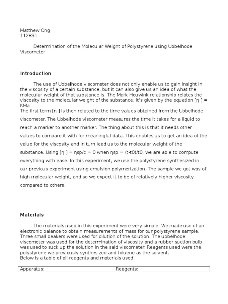 Determination of The Molecular Weight of Polystyrene Using Ubbelhode PDF Applied