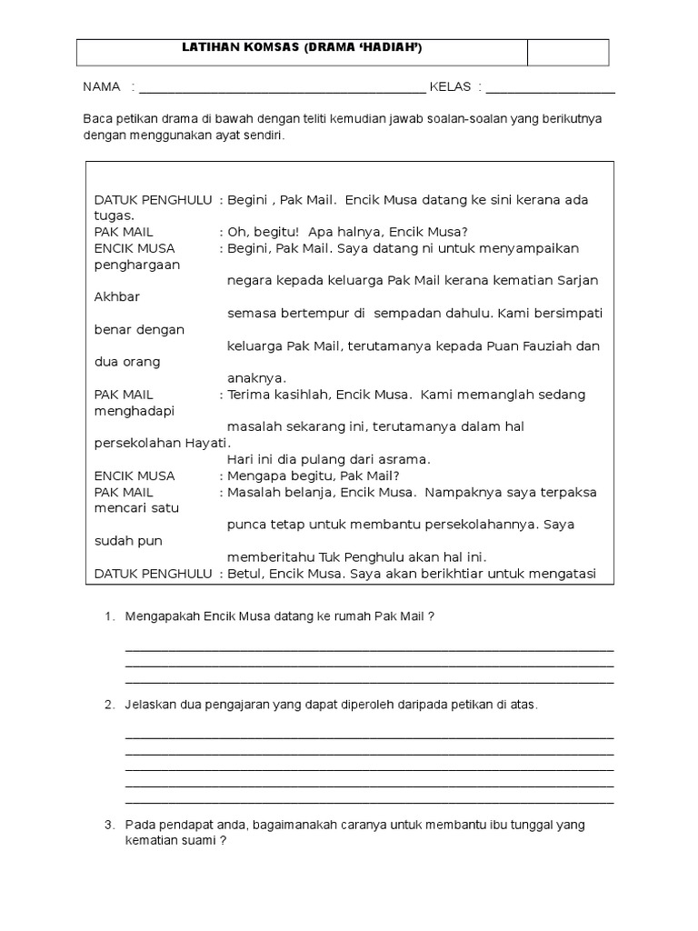 Latihan Komsas Tingkatan 1 Pdf